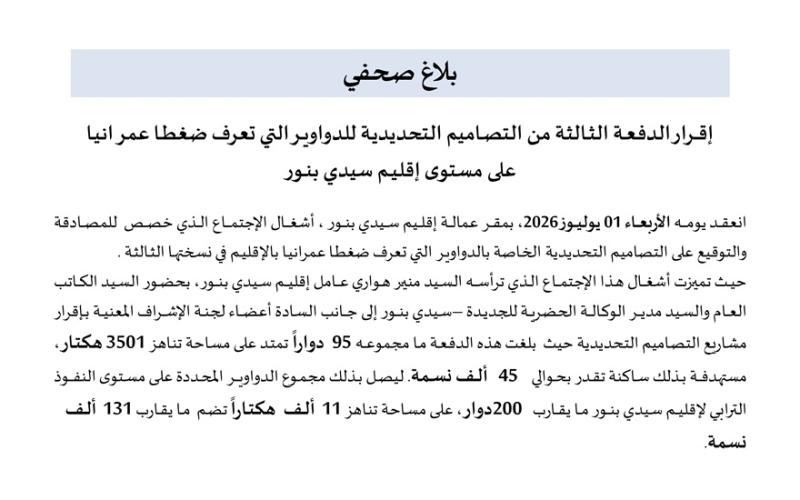 إقـــرار الدفعــة الثــالثـة من التصـاميم التحديديـة للدواويــر التي تعرف ضغطــا عمرانيـا على مستوى إقليــم سيدي بنــور