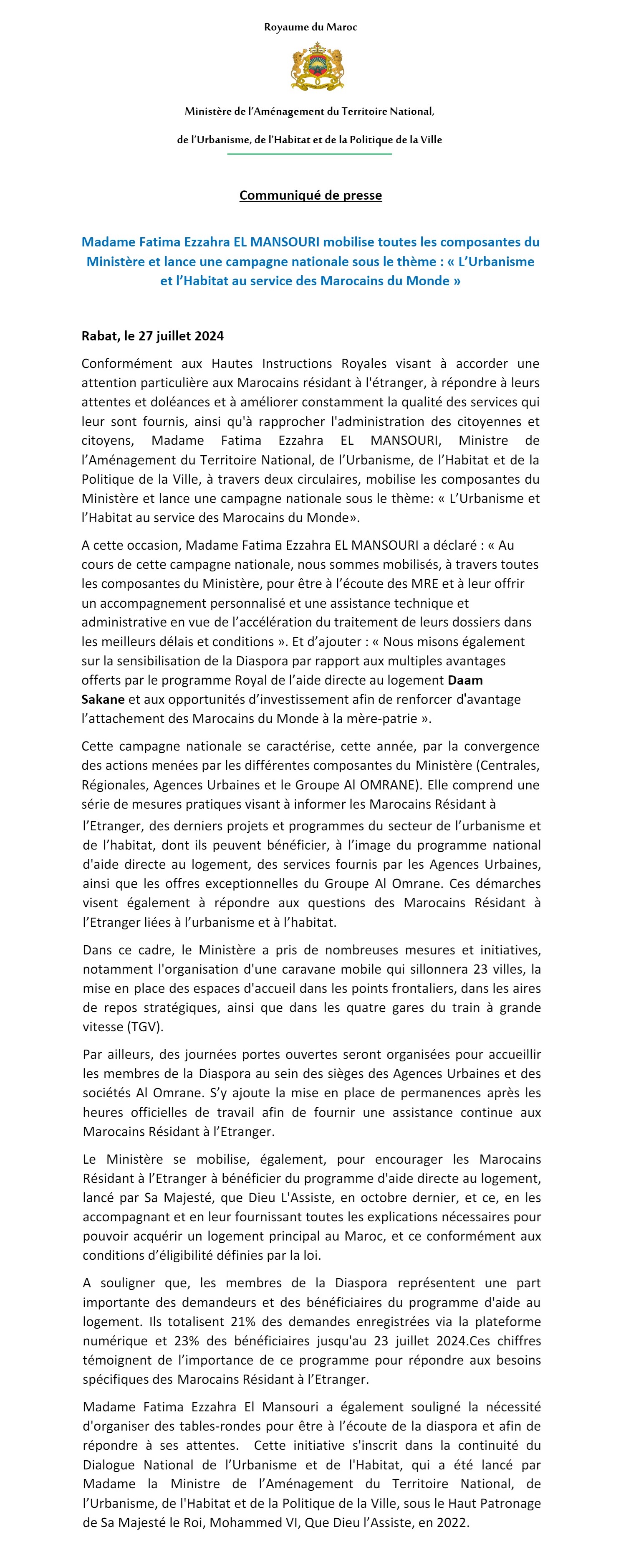 Communiqué de presse Ministère